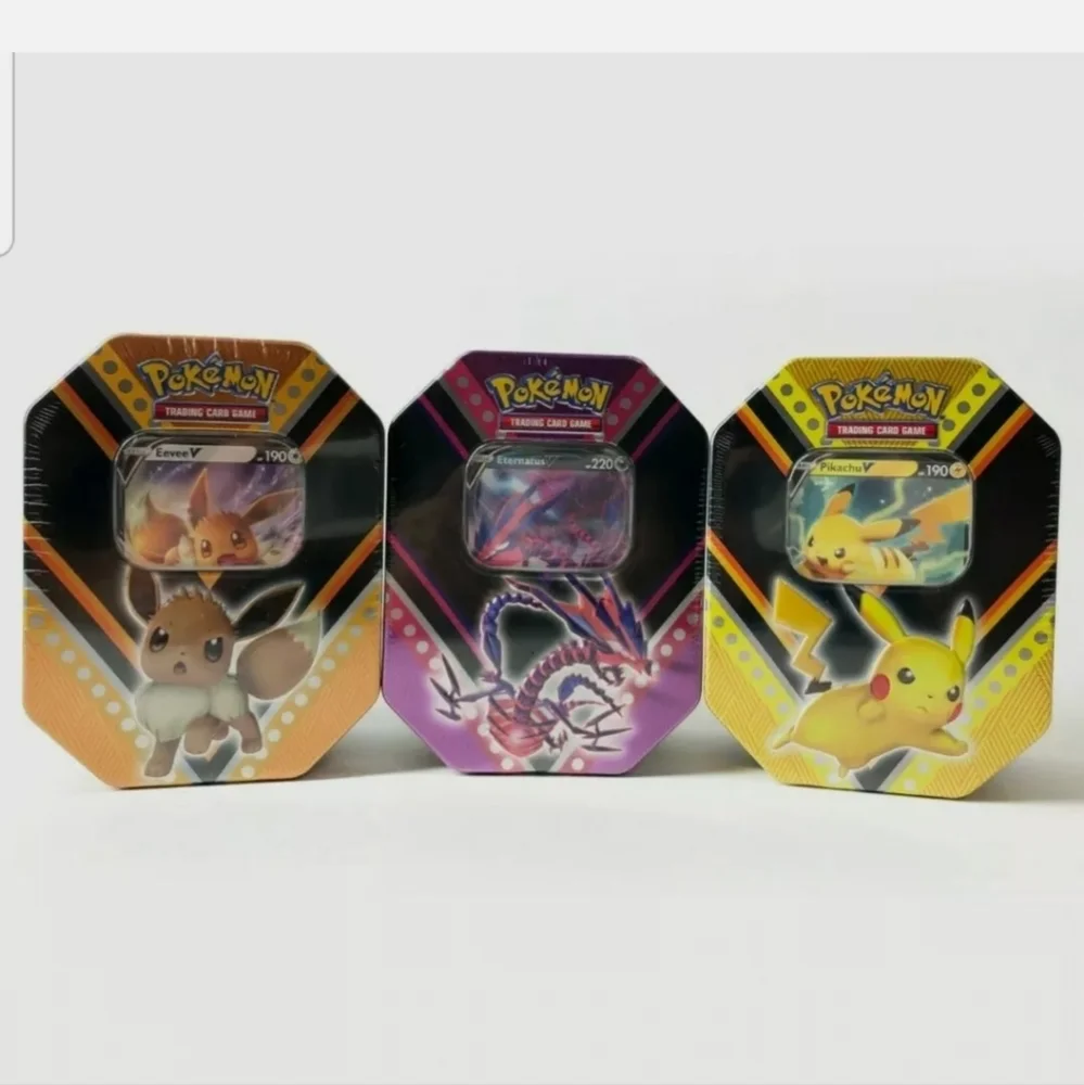 Pokemon V Power Tin Lot Of 3 Pikachu, Eevee, & Eternatus New/Sealed fast ship - Picture 1 of 2